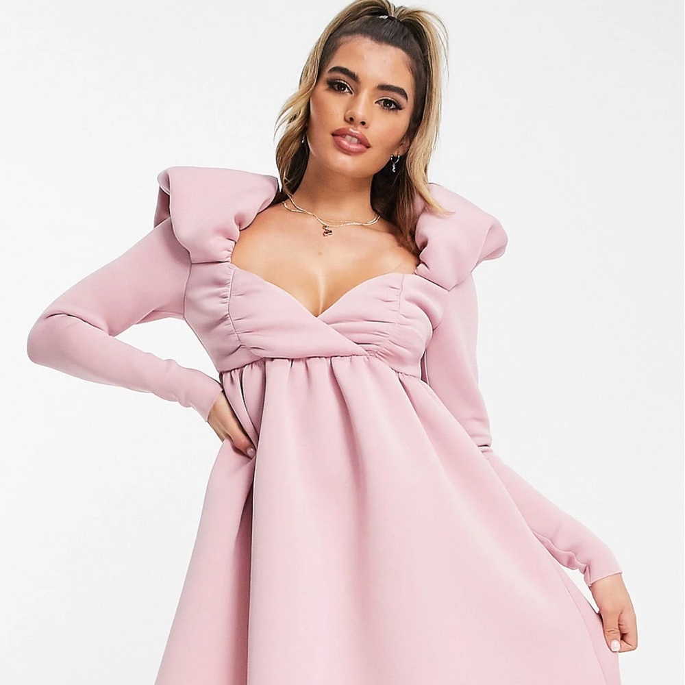 Sweetheart neck puff sleeve skater mini dress in pink